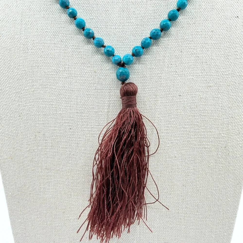 Necklace Vintage Bright Blue Stone‎ Knotted Mala Brown Tassel Boho Statement 90s